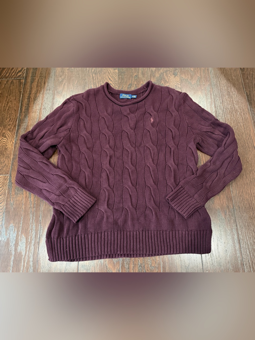 Polo Ralph Lauren Women Medium Burgundy Cable Knit Crewneck Sweater Cotton Pony